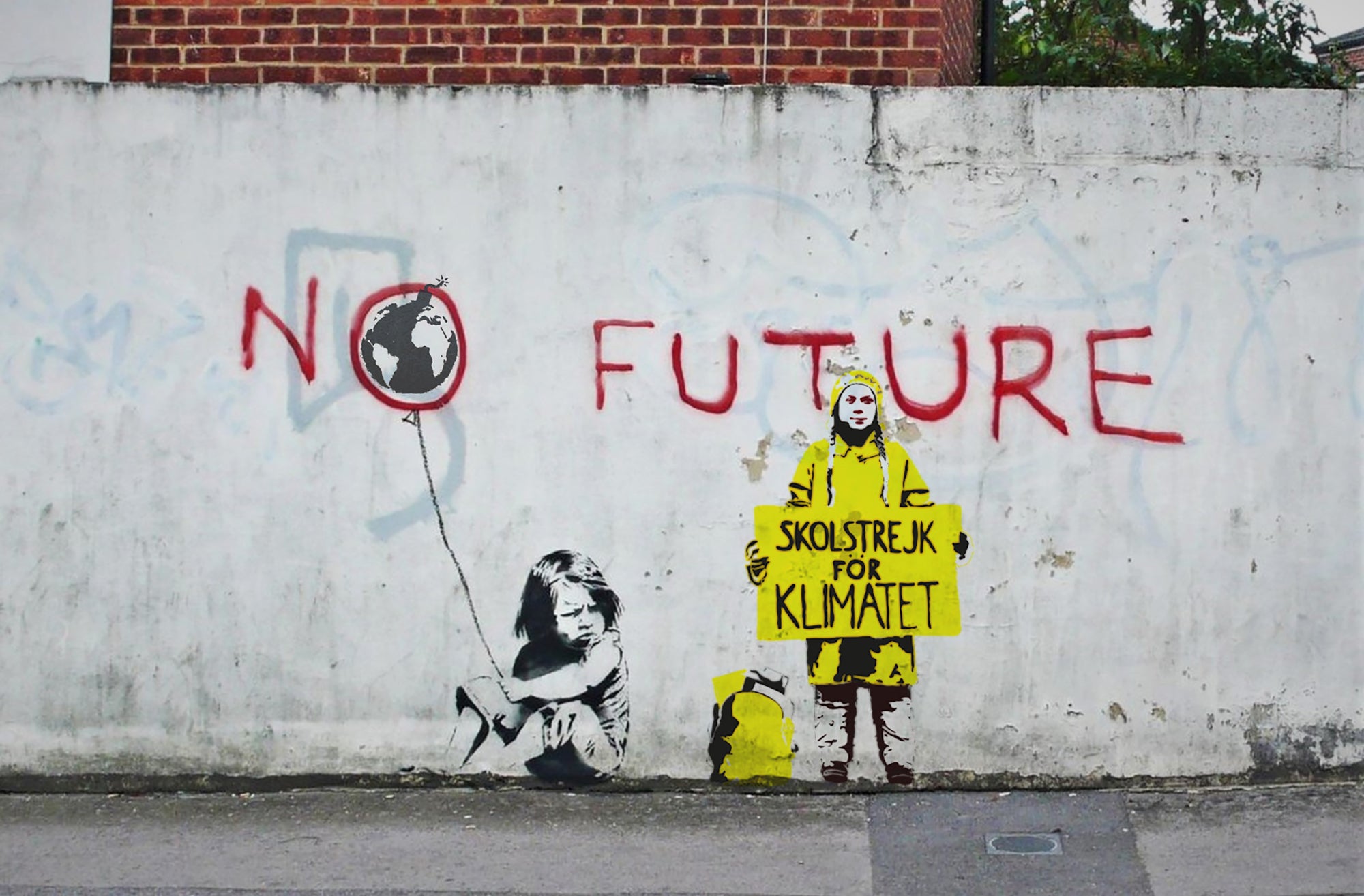 Street art Banksy and Greta Thunberg in spry paint activism