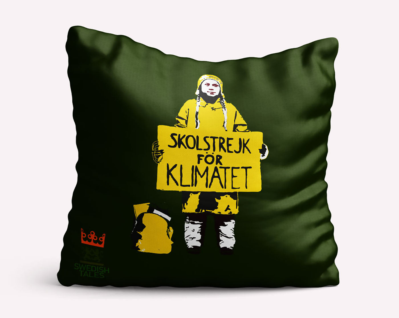 Olive green pillow with print of greta thunberg climate activist, swedish interior