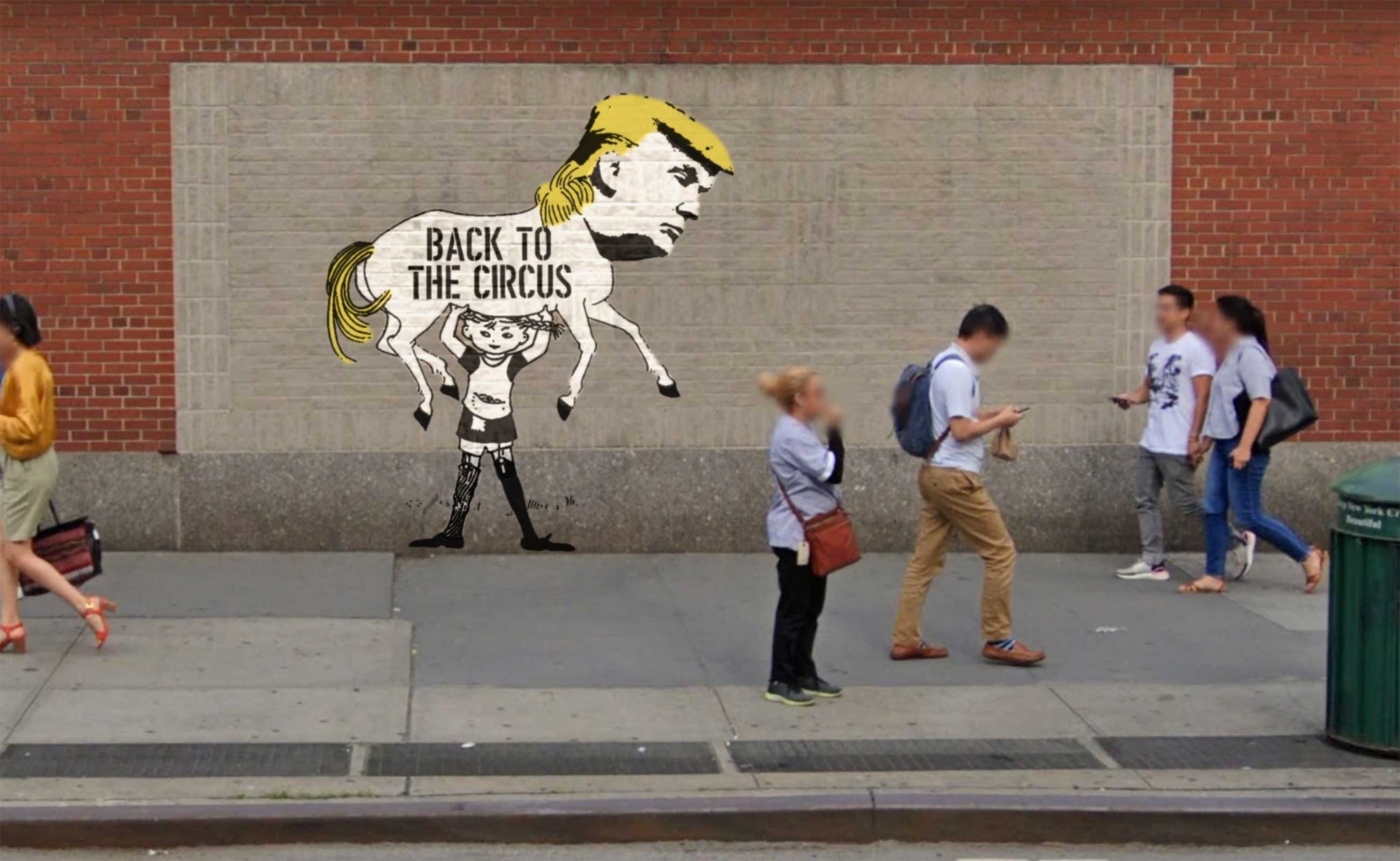 Pippi Longstocking as stret art in NY, holding Donald Trump over her head