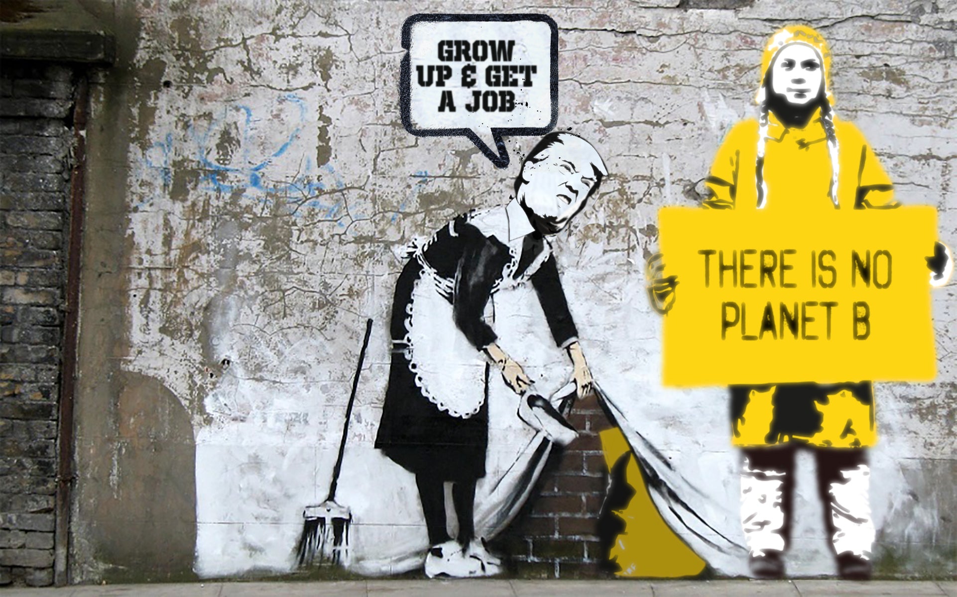 Street art of Donal Trump as a cleaning lady next to climate activist Greta Thunberg 