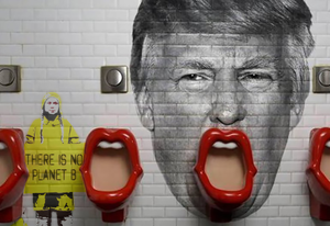 Street art Donald trump and Greta Thunberg in toilet